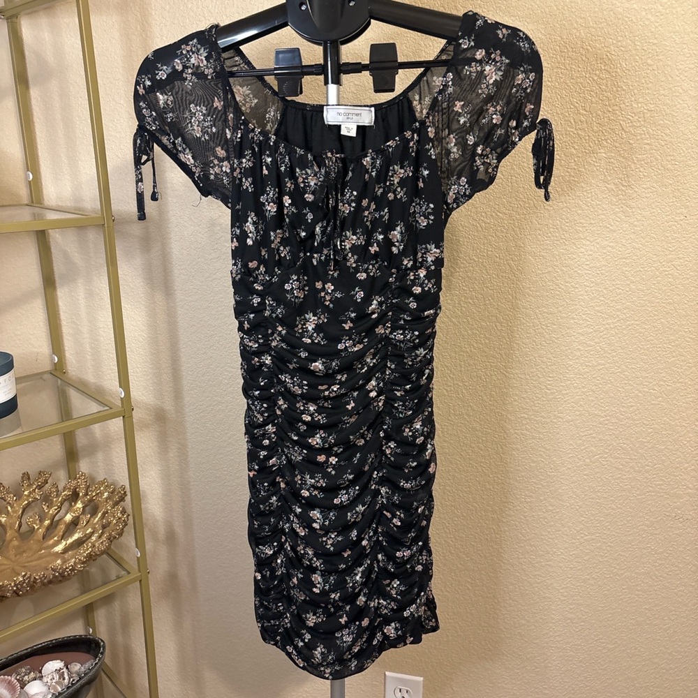 No Comment NYLA Black Floral Ruched Mesh Bodycon Dress M